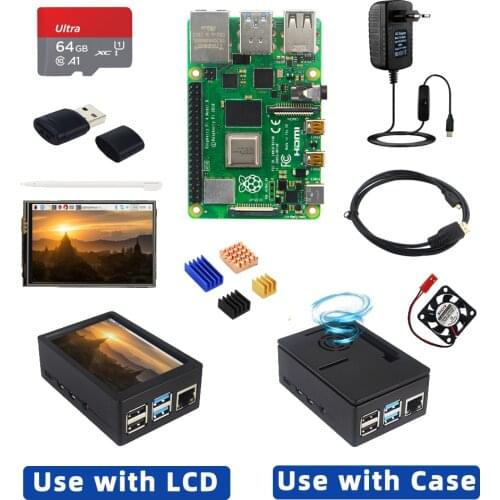 Raspberry Pi 4 Model B + Case + Power Supply + 64GB SD Card+ Heatsink Optional 3.5 inch Touch Screen or Fan&Video Cable for PI 4
