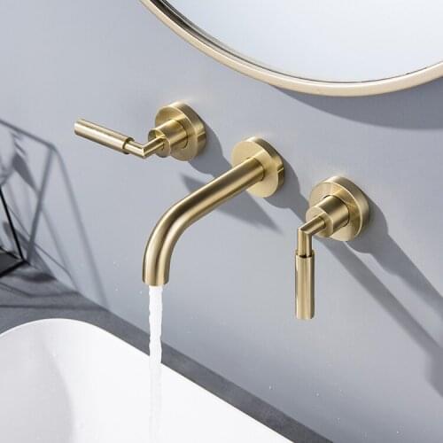 Luxury Brushed gold Top Quality Brass Wall Mounted Two handles Bathroom sink faucet Cold hot water Basin faucet High quality Tap