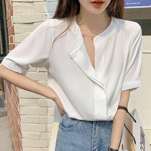 V-neck Short-sleeved Chiffon Blouses Sweet Loose Solid White Shirt Blusas Mujer De Moda 2021 Dropshipping Batwing Sleeve 0927
