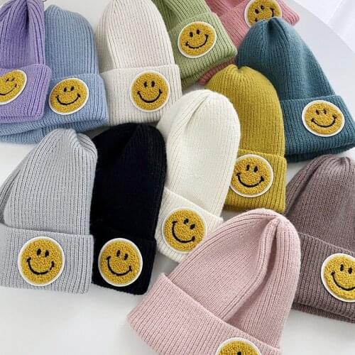 Hat Female Smiley Face Labeling Couple Knitted Hat Fashion 2021 Winter Thick Hedging Warm Knitted Hat Men And Women Woolen Hat