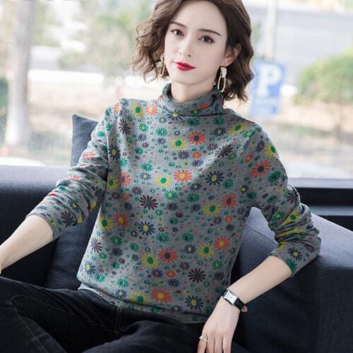 Women Tops New Spring Autumn flower Casual Full Chiffon Turtleneck Modal woman Tshirts Lady Undershirts Mori Girl