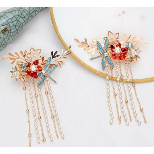 Blue Dragonfly Flower Long Tassel Hair Pins Hairpin Headpiece Head Jewelry Women Wedding Hair Piece Accessories ML