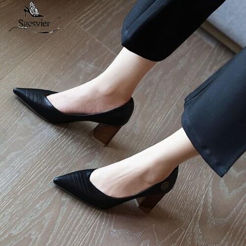 Sgesvier Women Heels Shoes Pumps Fashion Spring Thick High Heels Single Brand Ladies Wedding Pointed Pumps Shoes Plus Size 43
