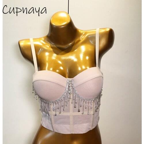 Cupplee Rhinestons Fringes Women Sexy Gauze Crop Top Bustier Short Corset Inside Tassel Bralette Camisole Vest Mint Black White