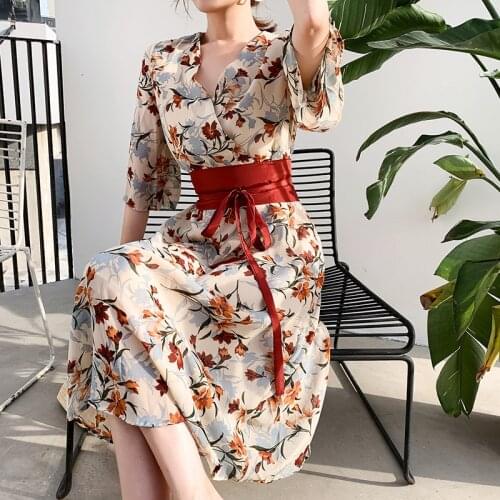QOEERLIN Lace-Up Floral Dress Women Summer Half Sleeve Chic V-Neck A-Line Printed Dresses Female 2021 Summer Mid Length Vestidos