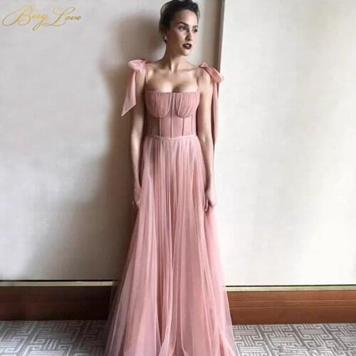 BeryLove Pink Prom Dress 2020 Fresh Look Tulle A-line Long Party Dress Boned Illusion Bodice Formal Dress Straps Bow Knot Gown