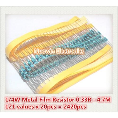 1/4W resistors pack 121 values x 20pcs = 2420pcs 0.33 - 4.7M 1% full range resistors assortment kits