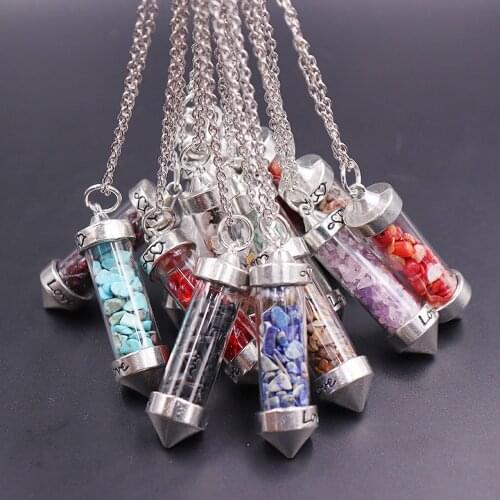 2021 Fashion Natural Stone Crystal Cone Glass Pendant Green Aventurine Amethyst Love Wishing Bottle Pendant Necklace For Women