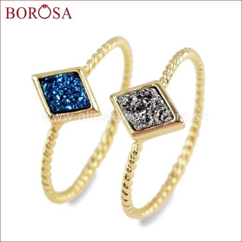 BOROSA 10PCS Rhombic Gold Color Rainbow Drusy Rings, New Agates Titanium Druzy Bezel Ring Jewelry Mixed Colors for Women ZG0292