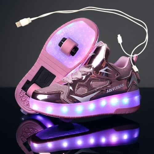 Children Two Wheels Luminous Glowing Sneakers Black Pink Red Led Light Roller Skate Shoes Kids Led Shoes Boys Girls USB Charging