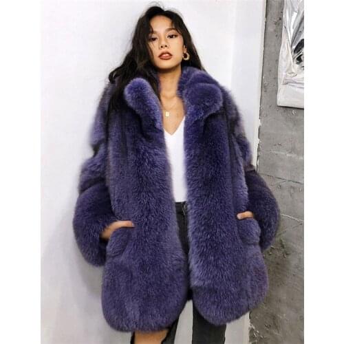 FURSARCAR 2021 New Womens Fur Jacket 70cm Long Dreamy Purple Color Natural Fox Fur Coat With Collar Fashion Winter Genuine Fur