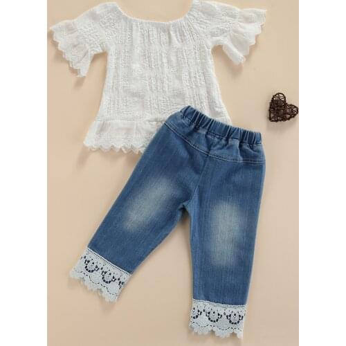 Girl’s T-shirt and Trousers Suit Fashion Short Sleeve Tops and Denim Pants Kid Casual Clothing Set Детский костюм