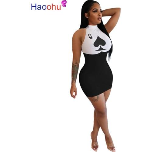 HAOOHU Women Summer Black Queen Poker Card Print Sleeveless Bodycon Mini Dress Sexy Party Club Bandage Streetwear Dresses