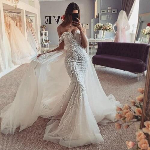 Hot Design Mermaid Wedding Dress Applique Boat Neck Sweetheart Floral Flower Lace Church Sexy Bridal Gown