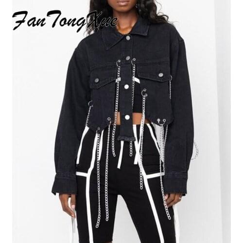 Black Denim Jackets for Women Chain Tassel Open Back Streetwear Jean Jacket Straight Long Sleeve Irregular Vintage Crop Coats