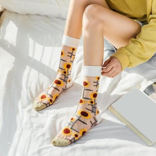 Hot Sale Silk Socks Funny Harajuku Women Casual Flower paintingSock Thin Mesh Tulle Ankle Colorful Skateboard Tube Socks