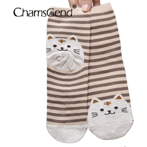 Drop Shipping Cute Cartoon Cat Socks Striped Pattern Women Cotton Sock Winter Warm Over Ankle Meia