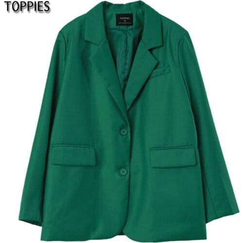 Toppies 2021 New Women Elegant Solid Office Lady Single Button Blazer Casual Green Tops Female Loose jacket