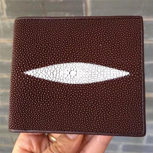 Authentic Real True Stingray Skin Unisex Mens Short Brown Trifold Wallet Genuine Leather Male Card Holders Small Clutch Purse