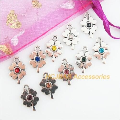 30 New Clover Charms Tibetan Silver Tone Retro Mixed Crystal Pendants 9.5x15mm