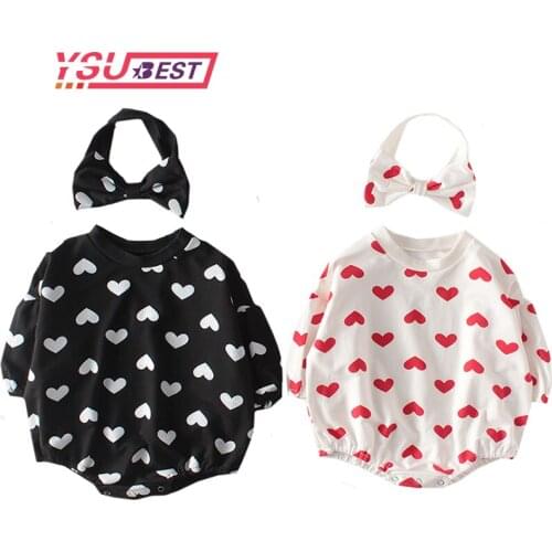 2020 Spring Baby Girl Bodysuits Baby One Piece Heart Print Baby Girls Bodysuits Puff Sleeve Baby Suit +Hat Baby Fur Jumpsuit