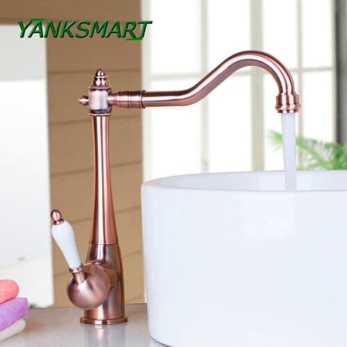 YANKSMART Retro Antique Copper Rose 360 Swivel Faucet Hot & Cold Mixer Basin Sink Kitchen Taps