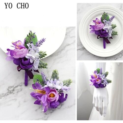 YO CHO Wedding Boutonniere Wrist Corsage Bracelet Bridesmaid Men Corsage Purple Silk Roses Orchid Marriage Prom Wedding Supplies
