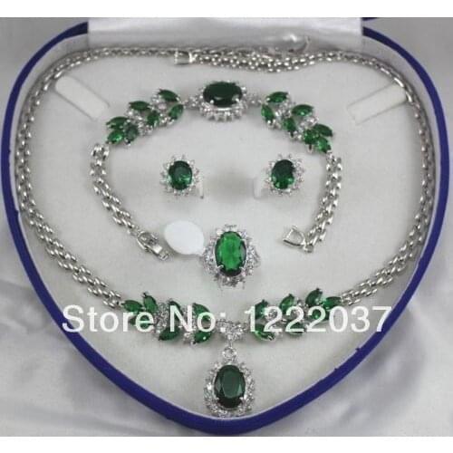 Fine jewelry green zircon silver plated Necklace Bracelet Earring Ring+(box) set