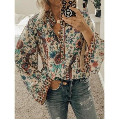 Spring Summer Long Sleeve Shirts Woman Top V-neck European Style Blouse Fashion Printed Shirts Plus Size Women Clothing