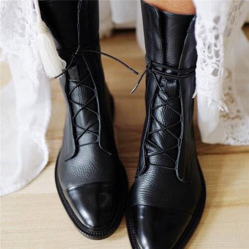 Women Vintage Mid Calf Boots Womens Fashion Lace Up Ladies Comfort Woman PU Leather Boots Platform Casual Female Shoes Autumn