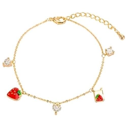 Red Mini Strawberry Bling Starry Clear Crystal Heart Shape Square Alloy Charm Bracelets For Women Fashion Simple Jewelry