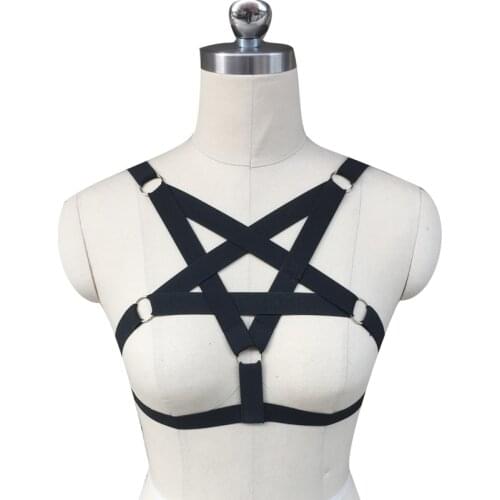 Womens bra black body harness sexy lingerie spandex harajuku pastel gothic pentagram cage bra bondage harness Star harness bra