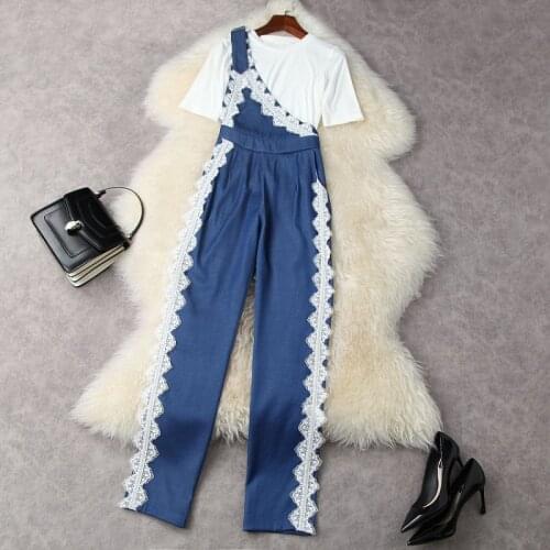 2021 Short Sleeve T-shirt One-shoulder Embroidered Denim Overalls Fashion Suit European and American Womens Wear for Spring