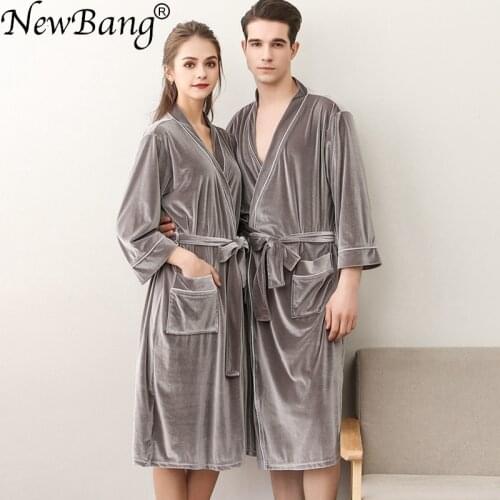 NewBang Brand Lovers Nightgowns Womens Summer Gold Velvet Sexy Ice Silk Bathrobe Mens Soft Three Quarter Robes