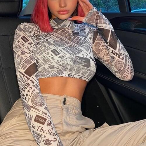 Aesthetic Letter Print Sexy Women 2020 Fall Fashion Crop Tops Long Sleeve Skinny Club T-Shirt Newspaper Pattern Slim Party Tees