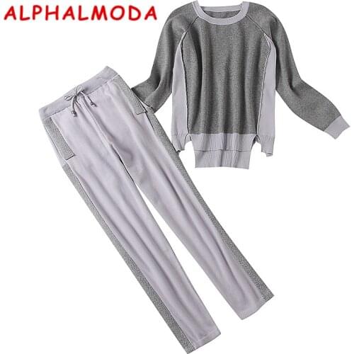 ALPHALMODA Winter Sports Suits Women 2018 Knitted Loose Sweater Pants Two Piece Set Hit Color Casual Transuits for Women