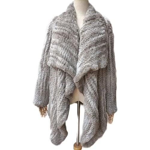 Women Loose Knitted Thick Winter Rabbit Fur Coat Fashion Long Sleeve Warm Drop Collar Genuine Fur Outwear Women Knitwear