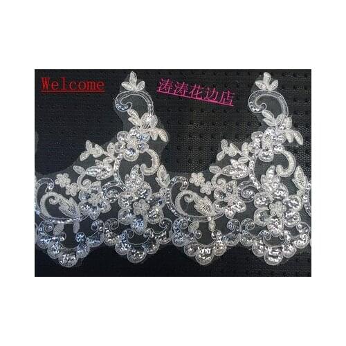 1Yard 20cm wide White Ivory Cording Fabric Sequins Flower Venise Venice Mesh Lace Trim Applique Sewing Craft for Wedding Dec