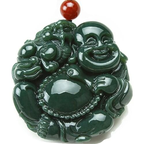100% Pure Natural Jade Fine Hand Carved Lucky Happy Laughter Maitreya Buddha Necklace Pendant Wholesale