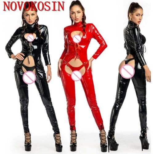 2021 M-3XL Bright PU Sexy Bodysuit DS Game Unfirm Lacing Open Bra With Adjustable Panties Black Red Open Crotch Women Jumpsuit