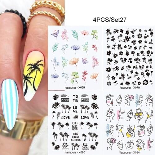 4pcs/Set Nail Coconut Tree Stickers Watercolor Decals Colorful Flowers Face Sliders Wraps Manicuring Summer Nail Art Decoration