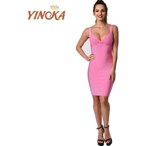 Yinoka Pink bandage dress purple black red bodycon dresses sex night clubwear celebrity midi dinner ladies clothing modern girl