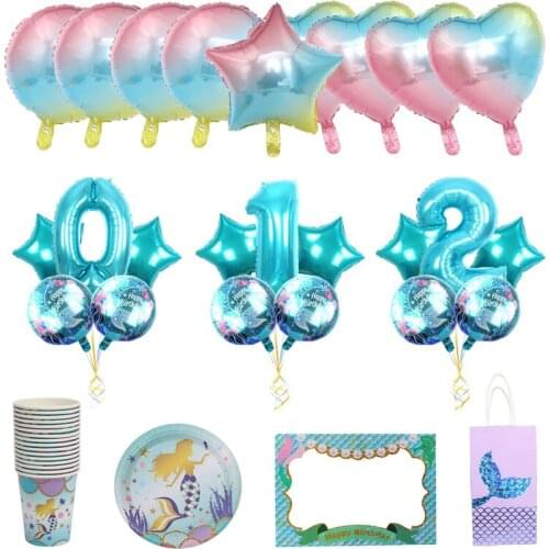 Blue Sea Mermaid Balloons Paper Cup Paper Plate Number Balloons Holiday Party Supplies Mermaid Themed Party Supplies