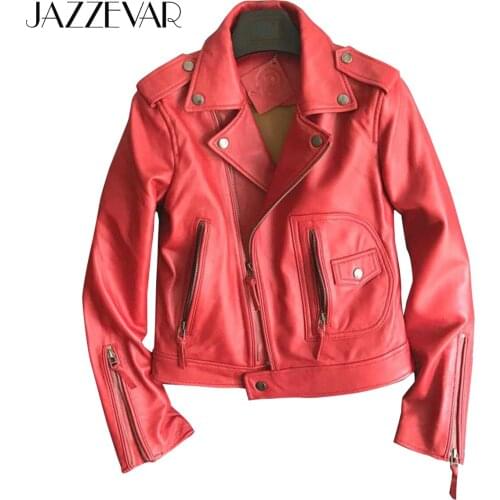 JAZZEVAR 2021 New High Fashion Street Women Real Sheep Skin Leather Jacket Red Genuine Leather short Slim fit Motorcycle Jackets