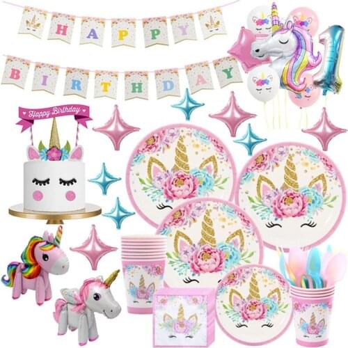 Unicorn Party Supplies Disposable Tableware Set Unicornio Decor Wedding Baby Shower Girl 1st Birthday Party Decorations Kids