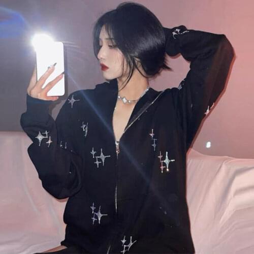 2021 Fall New Rhinestone Star Cardigan Hot Rhinestone Hooded Jacket Loose Hot Girl Hoodie jackets for women korean coats women