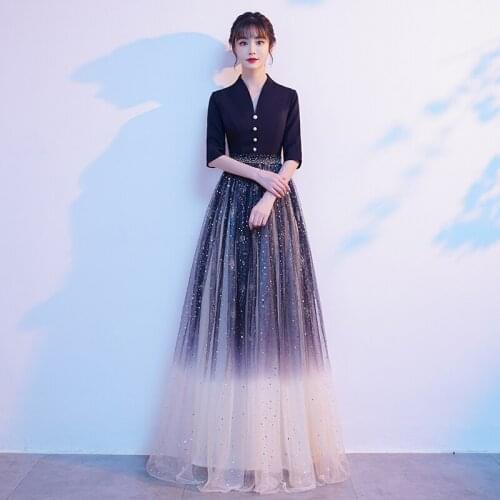 Evening Dress Button V-Neck Empire Half Sleeves Sequins Simple A-Line Pleat Elegant Floor-Length Woman Formal Party Gowns A1394