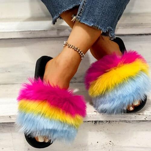Okkdey Faux Fur Women Slippers Shoes 2020 Ladies Slippers Outdoor Slides Ladies Furry Flip Flops Fluffy Women Winter Slippers