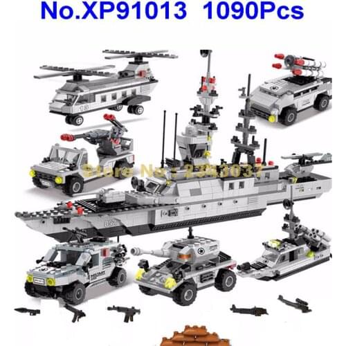Xp91013 1090pcs 6in1 Military Frigates Helicopters Armoured Vehicles Warship 6 Building Block Toy