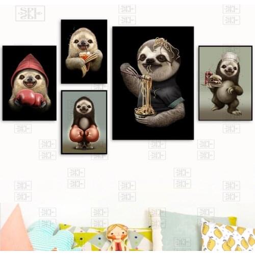 Funny Animals Poster Nursery Wall Art Picture for Living Room Sloth Eat Noodle Cartoon Kids Room Decor Canvas Print Painting